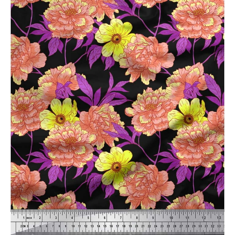 Soimoi Black Velvet Fabric Leaves & Peony Floral Print Fabric by