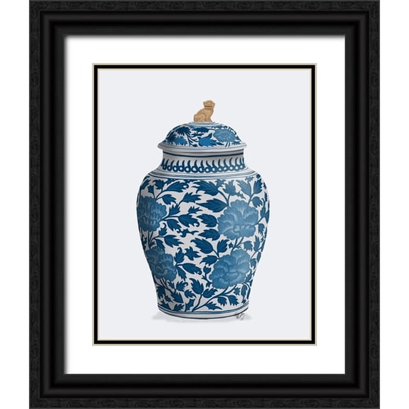 Fab Funky  12x14 Black Ornate Wood Framed with Double Matting Museum Art Print Titled - Chinoiserie Vase Golden Lion Blue
