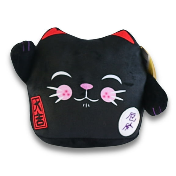 Lucky Cat Official 8" Plush, Cute Stuffed Animal MANEKI NEKO Anime Plush Waving Cat, BLACK Color Cat Plush, Plushie Lucky Cat Waving Arm Stuffies. Japanese Decor Kawaii Plushies.