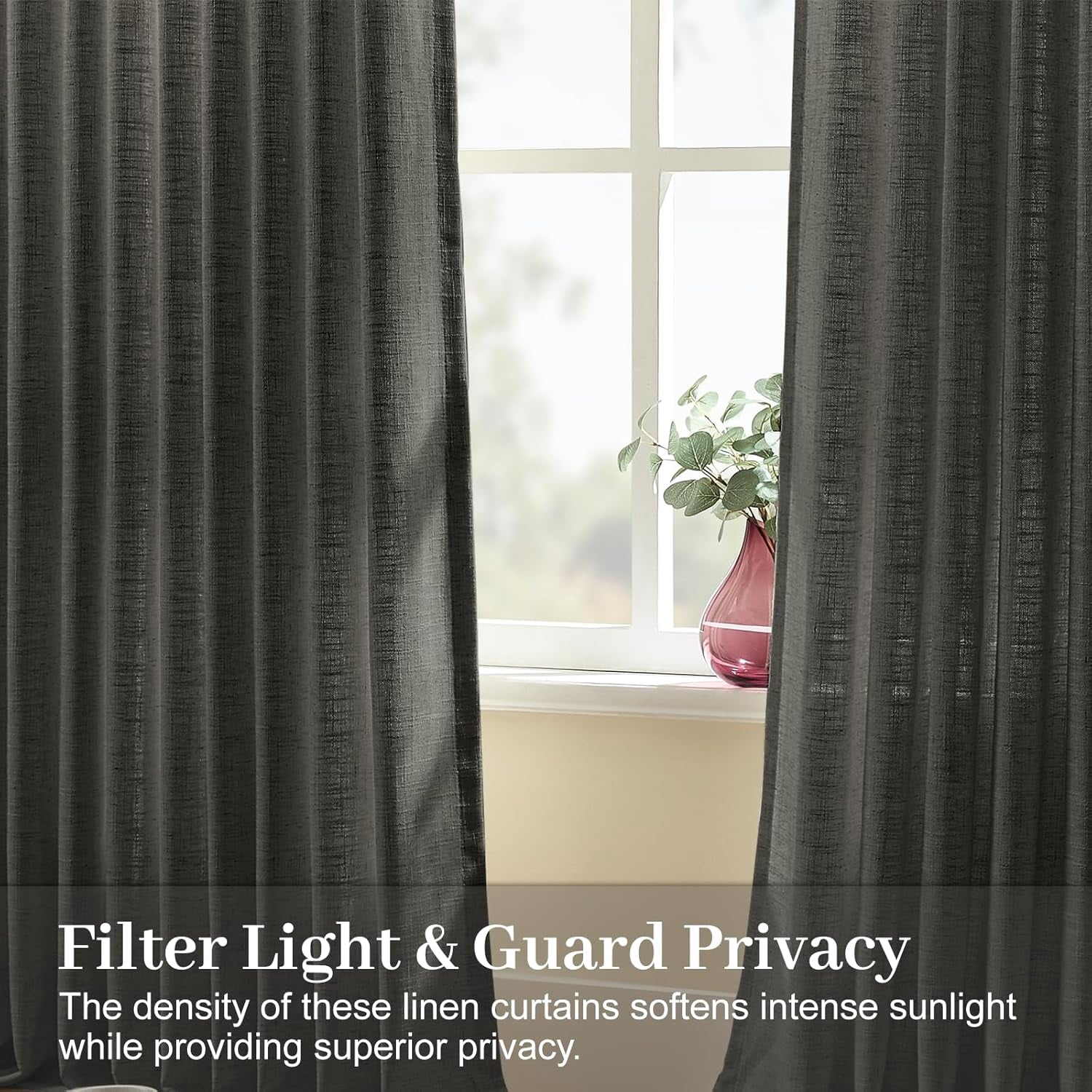 Nalqet Pinch Pleated Linen Curtains 84 inch Length 2 Panels Set, Light Filtering Linen Blend Sheer Drapes Memory Trained Pleated Curtain Back Tab with Hooks Rings for Living Room Bedroom, Dark Grey