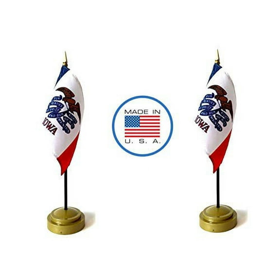 Made in The USA Flag Set. 2 Iowa Rayon 4"x6" Miniature Office Desk & Little Hand Waving Table Flags Includes 2 Bronze Flag Stands & 2 Small Mini Iowa Stick Flags