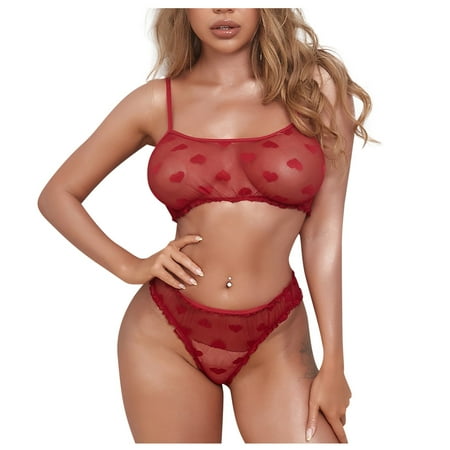 

Ydkzymd Women s Bra and Panty Sheer Lace Mesh Polka Dot Sexy Lingerie Set Red/Black M