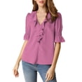 thumbnail image 3 of INSPIRE CHIC Women's Ruffled V Neck Puff Elbow Sleeve Semi-Sheer Chiffon Blouse XS Purple, 3 of 9