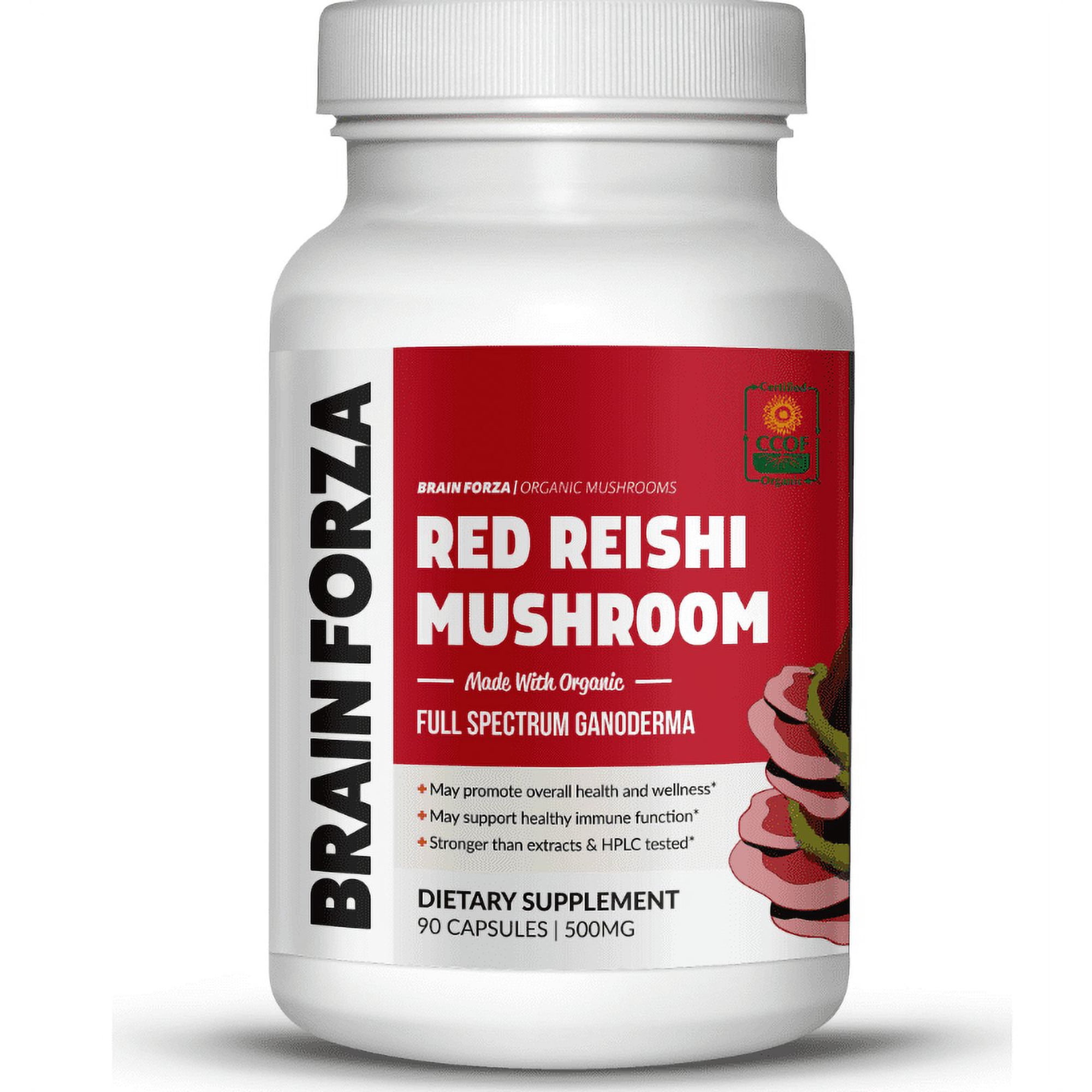 Brain Forza Organic Red Reishi Mushroom Capsules - Adaptogen for Mushroom Powdered Natural Immune Support, Heart and Cardiovascular System Health, Stamina, and Stress Management, 90 Capsules