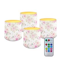 Kuiaobaty Rose Pink Pattern Flameless LED Battery Candles with 18-Key Remote Timer Function Electric Fake Plastic Pillar Candles for Tabletop Coastal Home Decor, Pack of 4