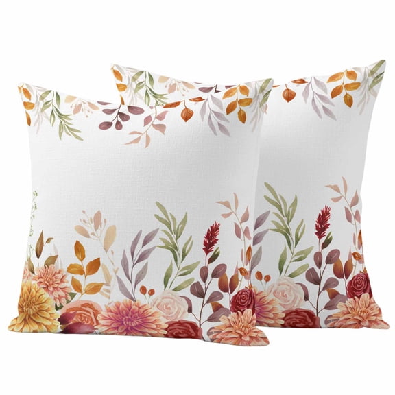 Fall Flowers Outdoor Waterproof Pillow Covers, Country Autumn Leaves Thanksgiving Plant Decorative Square Throw Pillowcase Sofa Cushion Sham for Patio/Couch/Chair, 16"x16" 2 Pack