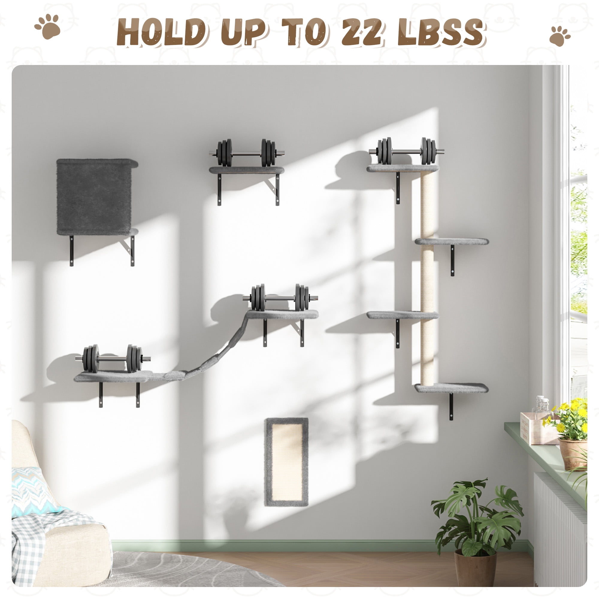 COZIWOW Wall Mounted Cat Furniture, Cat Wall Shelves and Perches, Floating Cat Shelves for Wall Set of 5, Grey