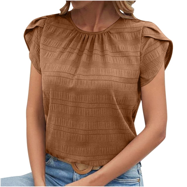 Tnhcen Blouses en Mousseline Unies à Col Rond pour Femmes / Chemises à Manches Pétales à Manches Courtes P-2TG / Hauts Élégants