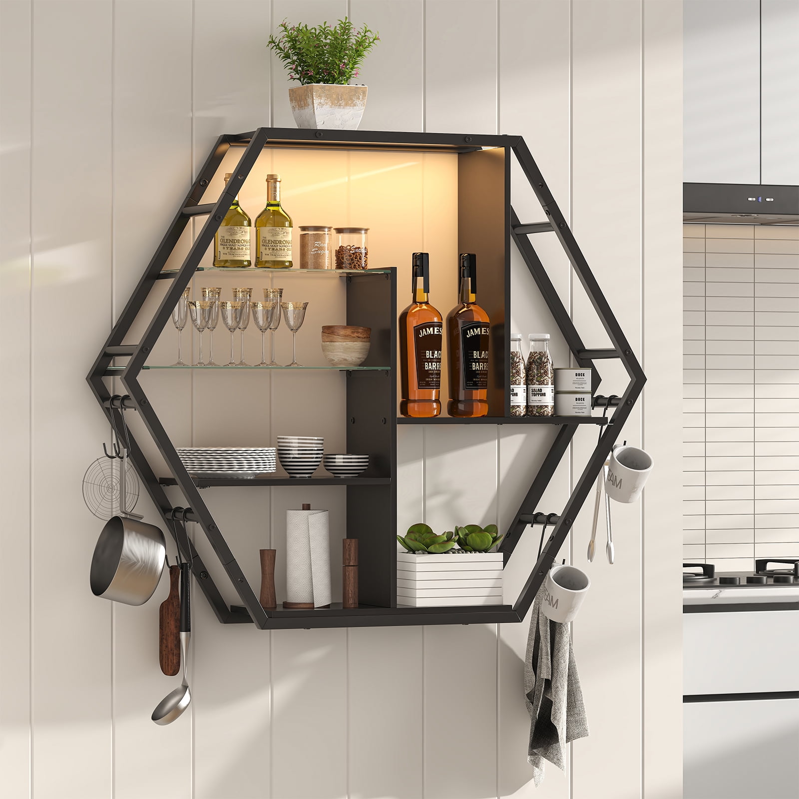 Floating Shelves with Lights, Led Shelves for Wall, Gaming Room Decor Display Shelf, Lighted Bar Shelves, Extra Hanging Hooks Storage, Sturdy Fast Assembly Great Weight Capacity