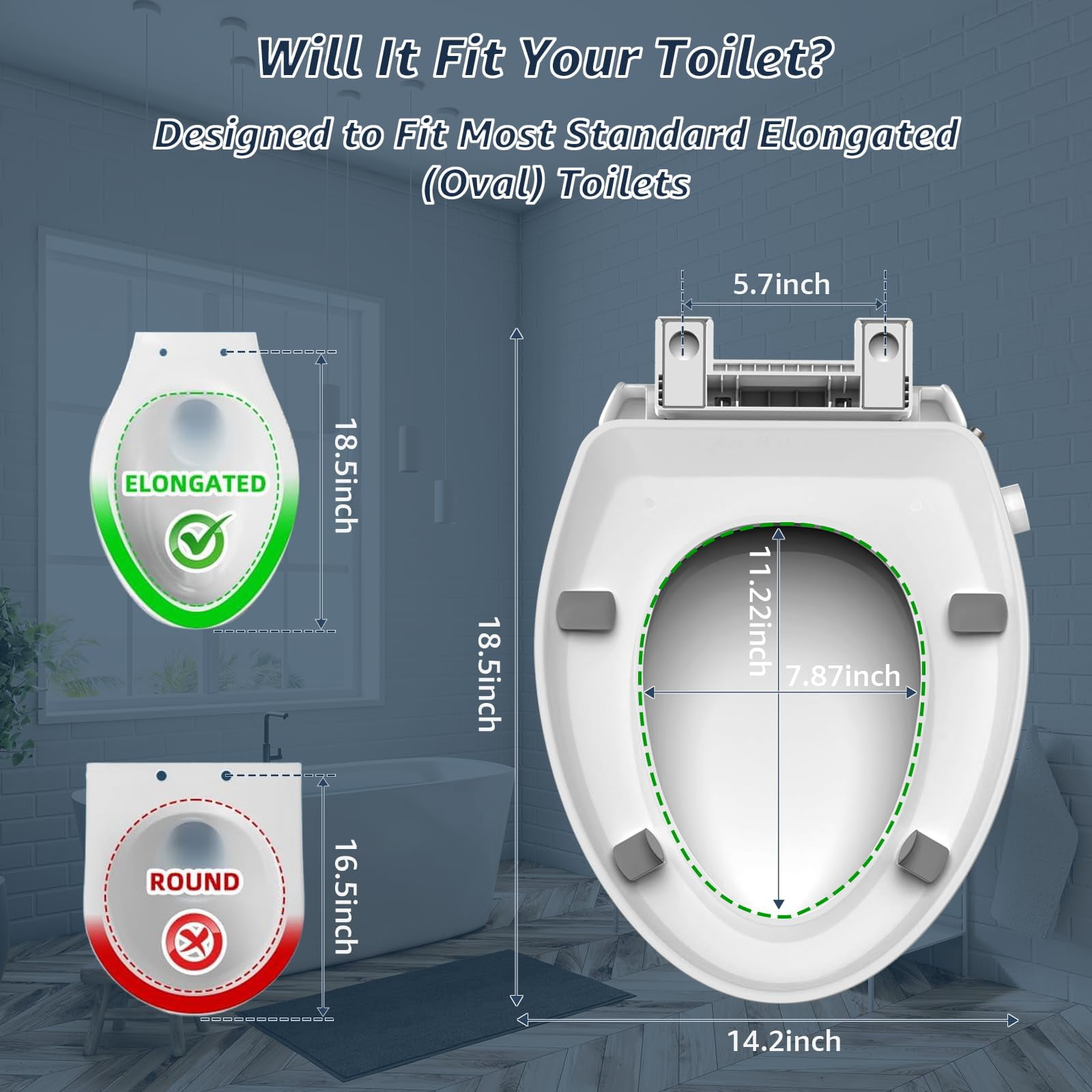 Raised Elongated Bidet Toilet Seat 18.5"  Soft Close Lid Dual Self-cleaning Nozzles Quick Release Heavy-duty Pp Stable & No Loosening Ideal For Seniors Mobility White