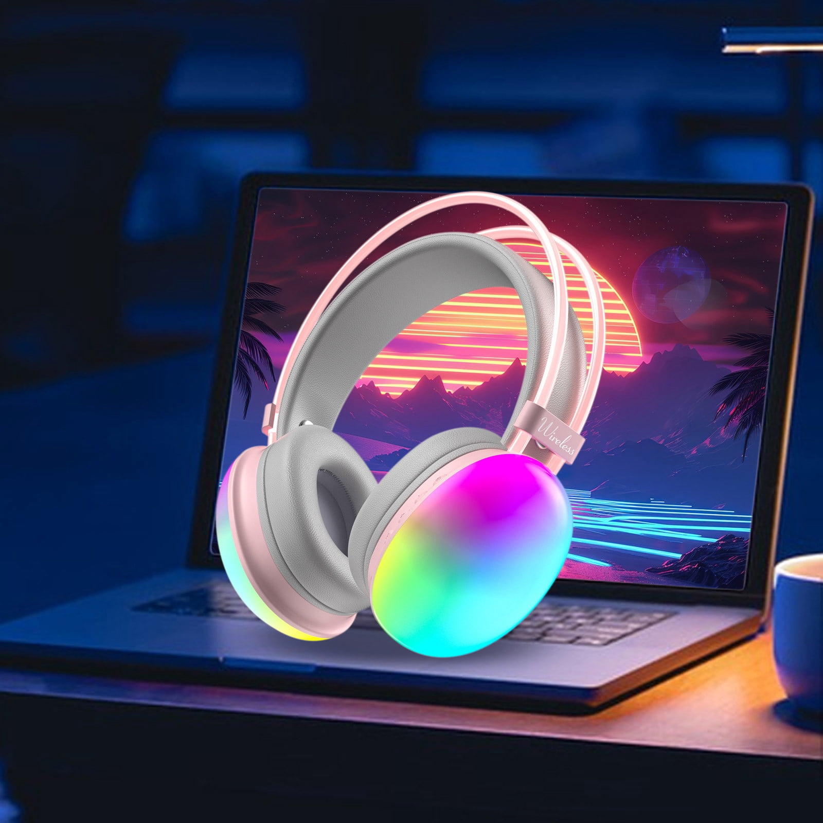 RFUGUG Wireless Bluetooth Headphones, Subwoofer Gaming Headset, Bluetooth 5.3 Music and Sports Earphones, LED Light-Up Over-Ear Headphones for Mobile and Computer Use