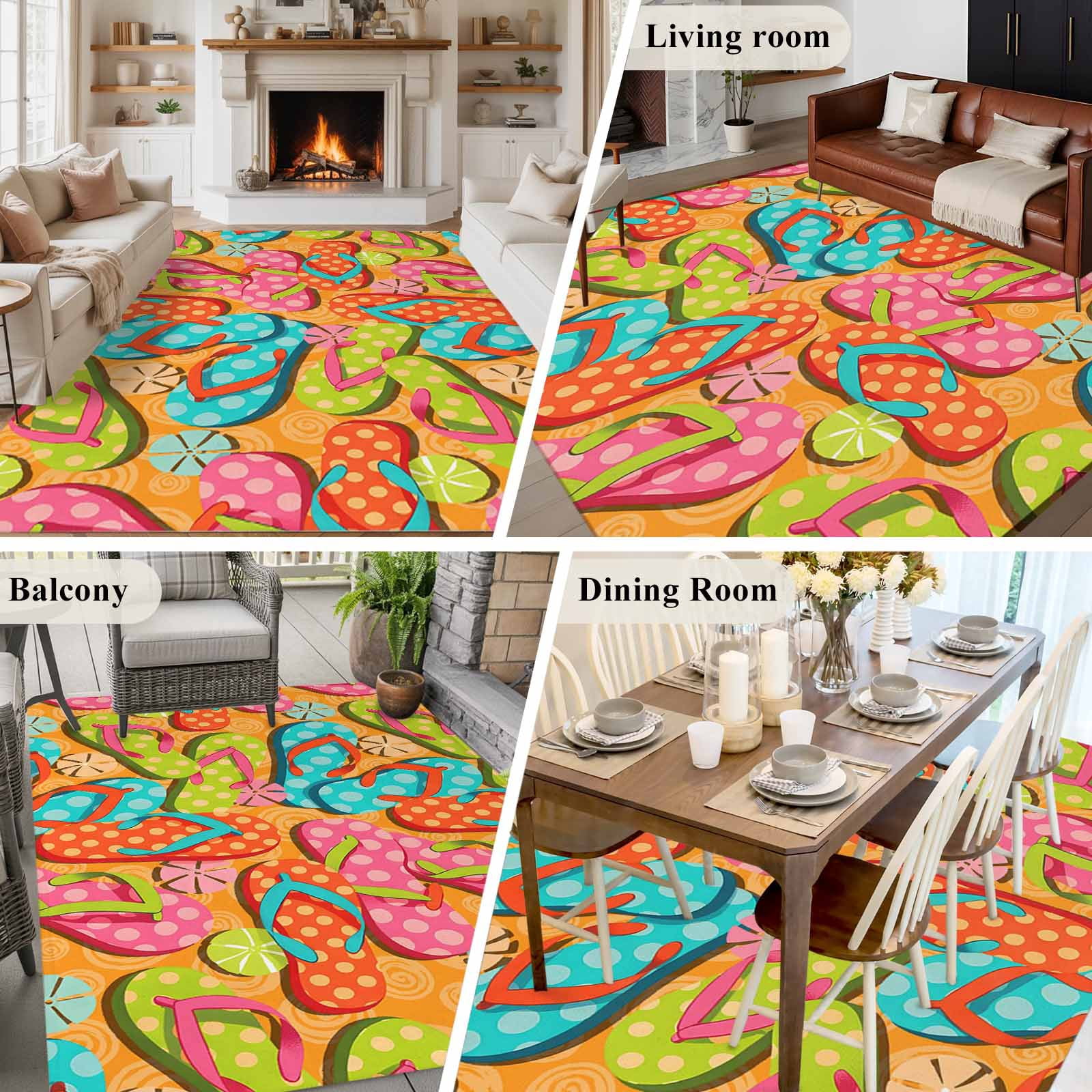 Watercolor Flip Flop Area Rugs 5'x7', Washable Small Throw Rugs for Laundry Room Playroom, Summer Coastal Beach Slippers Indoor Outdoor Rug Non-Slip Low Pile Carpet Runner Reversible Floor Mats