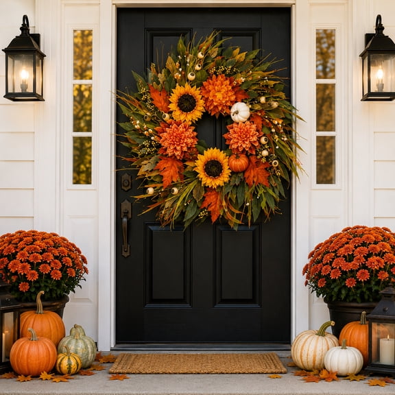 24 Inch Fall Wreath for Front Door, Artificial Sunflower and Pumpkin Autumn Wreath with Maple Leaves & Berries, Harvest Thanksgiving Wreath for Indoor Outdoor Porch Decor