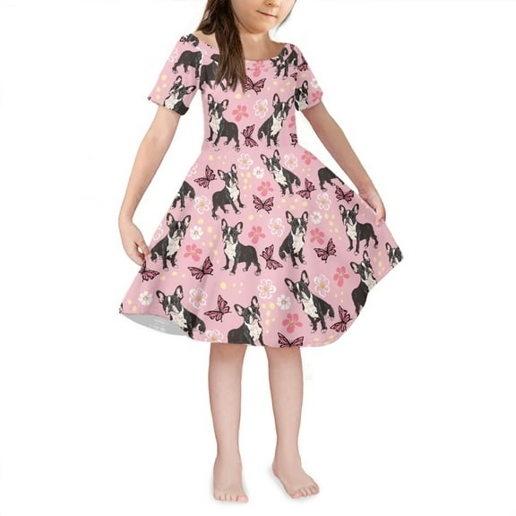 Yuyamidu Boston Terrier Midi Dress for Girls 3-4 Years Old Pink Butterfly Short Sleeve Skater Dresses Fashion Black Kids Summer Clothes for School Vacation Party