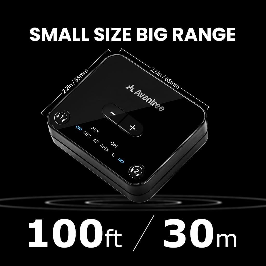 Avantree Audikast 3- Bluetooth 5.3 Transmitter for TV with Optical or AUX Audio Output Port, aptX-Adaptive & Low Latency, Dual Link for 2 Headphones, and 100ft Long Range