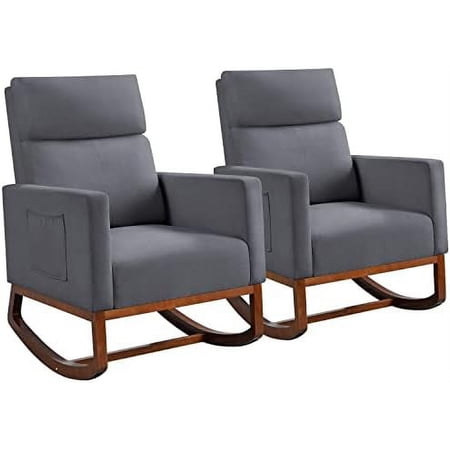 Rocking Chair Nursery Upholstered Glider Chair With Rubber Wood Legs Side Pocket, Rocking Accent Armchair High Back For Living Room Bedroom, Gray, 2Pcs