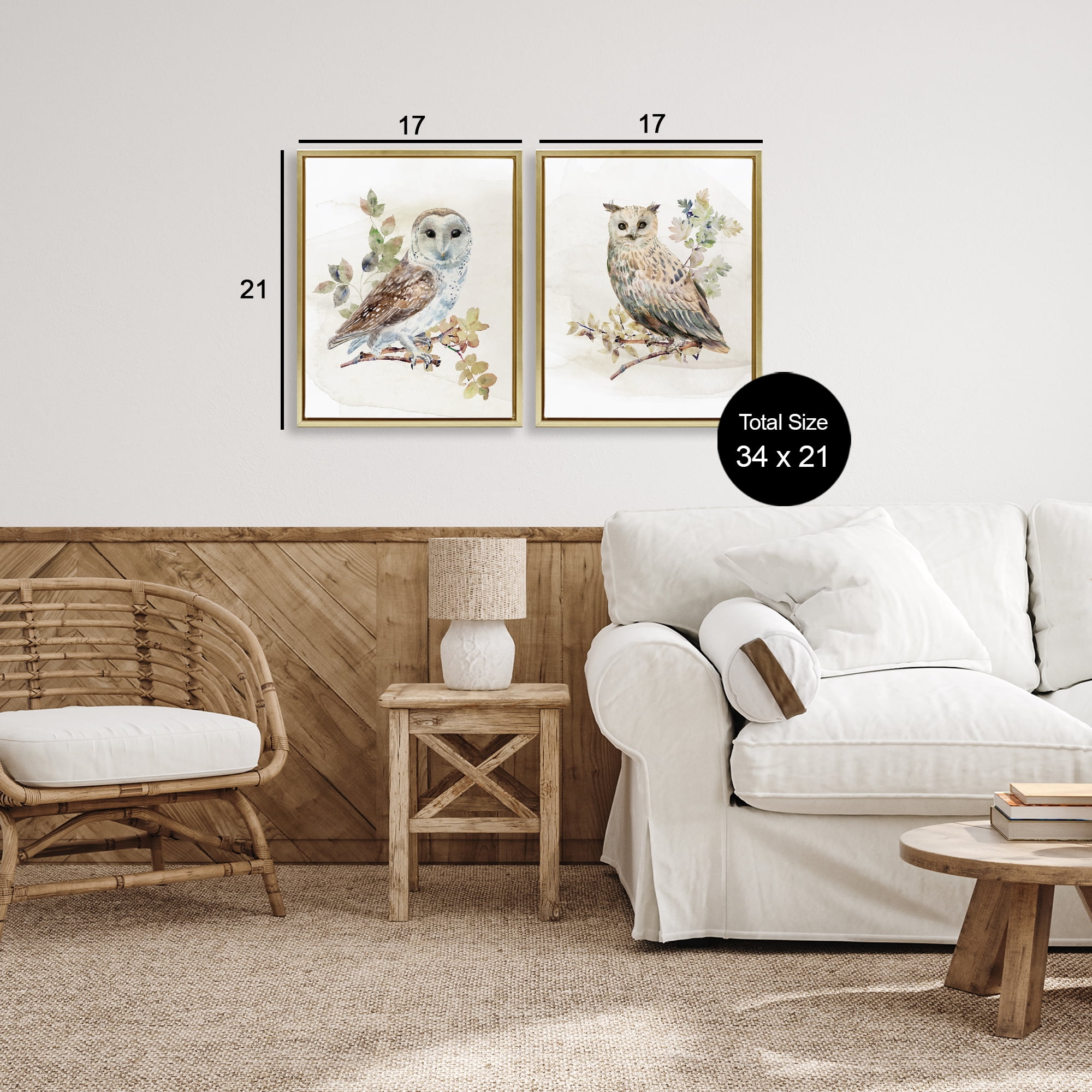 Stupell Industries Owls Perched in Foliage 2 Piece Gold Framed Floater Canvas Set, design by CAD Designs