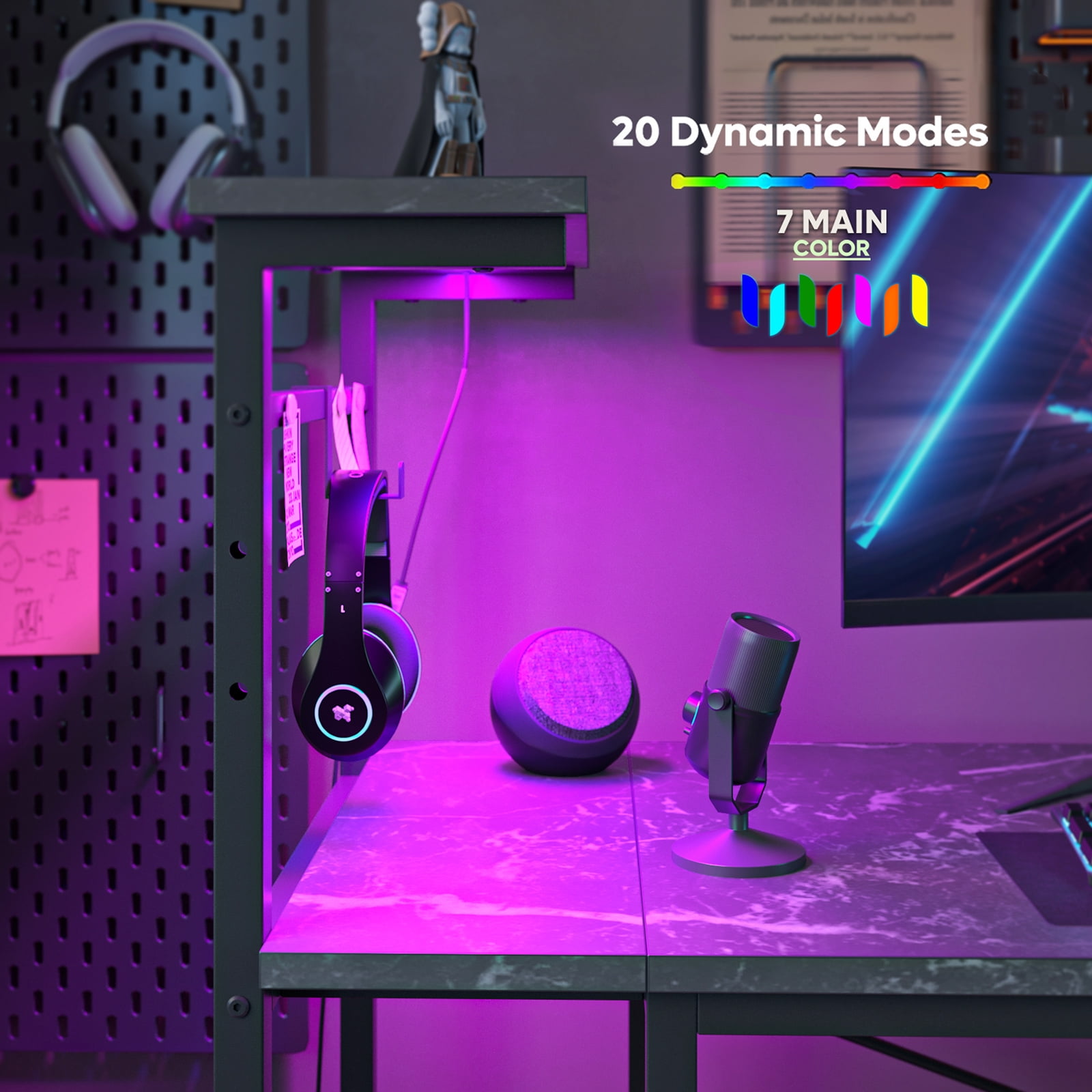 Bestier 52 inch Gaming Desk with LED Lights & Adjustable Storage Shelves,7 Main Color+22 Dynamic Modes LED Computer Desk,Black Marble Platform