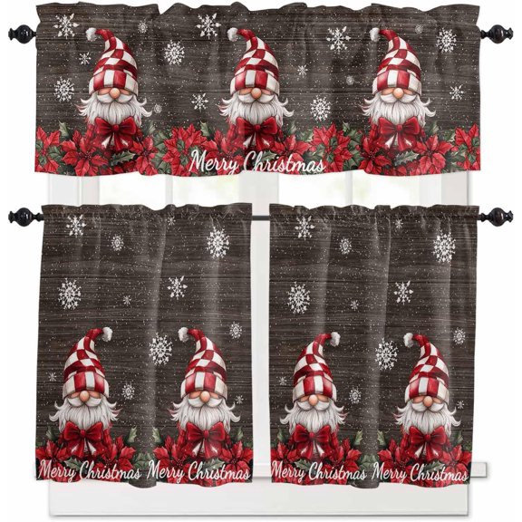 Christma Gnomes Kitchen Curtains and Valances Set, Rod Pocket Curtains Tier Farmhouse Window Curtains 36 Inch Length, Xmas Snowflake Brown Wooden Grain 3 Piece Kitchen Curtains Set