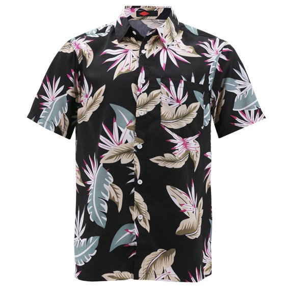 Men's Hawaiian Tropical Luau Aloha Beach Party Button Up Casual Dress Shirt (Leaves, 5XL)