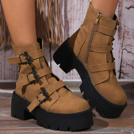 

YUNAFFT Women s Boots Clearance Women s Vintage Fashion Platform Metal Belt Buckle Muffin Ankle Boots