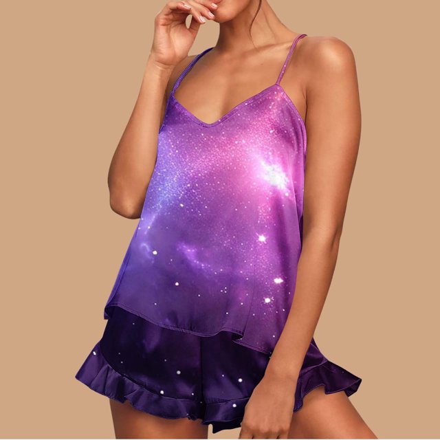 Conjunto de pijama de poliéster con tirantes finos y estampado de moda para mujer