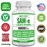 Simply Potent SAMe 500mg 60 Capsules, SAM-e Supplement (S-Adenosyl Methionine) Supports Positive Mood, Joint Comfort & Mobility and Brain Function