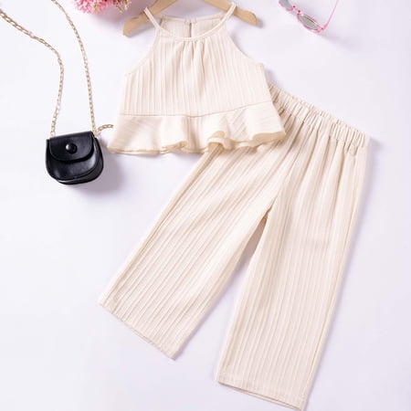 Toddler Girl Outfit Size 2-3Y Solid Color Sleeveless Halter Top with Ruffled Hem and Pant 2 Piece Toddler Girl Clothes