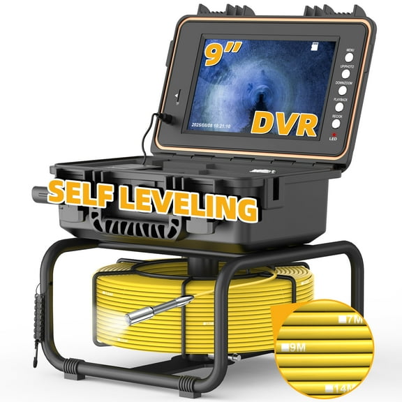 PowerWill Self-Leveling Sewer Inspection Camera, 9" HD Plumbing Camera with DVR, 100 ft Cable, 32GB, Meter Marker, 12 LED Lights, IP68