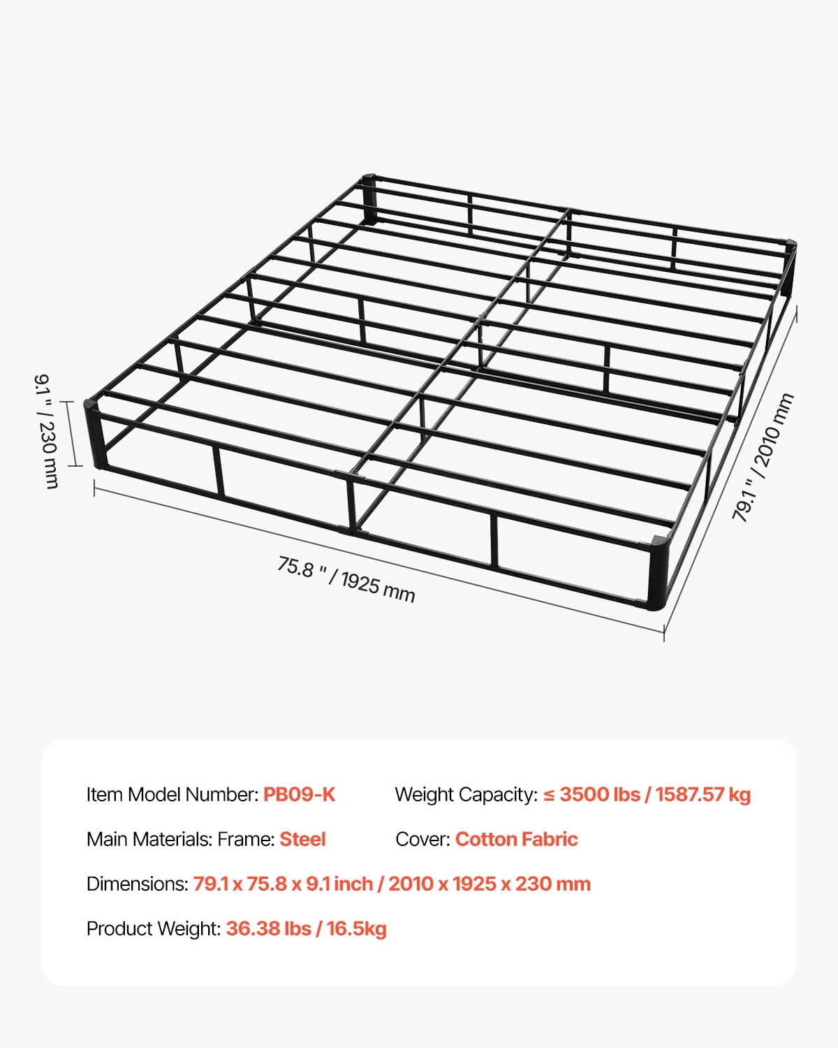VEVOR Box Spring, King Size Bed Frame with Washable Fabric Cloth, Heavy Duty Metal Frame for King Bed, 9 in Mattress Foundation, 3500 lbs Max Weight Capacity, Easy Assembly