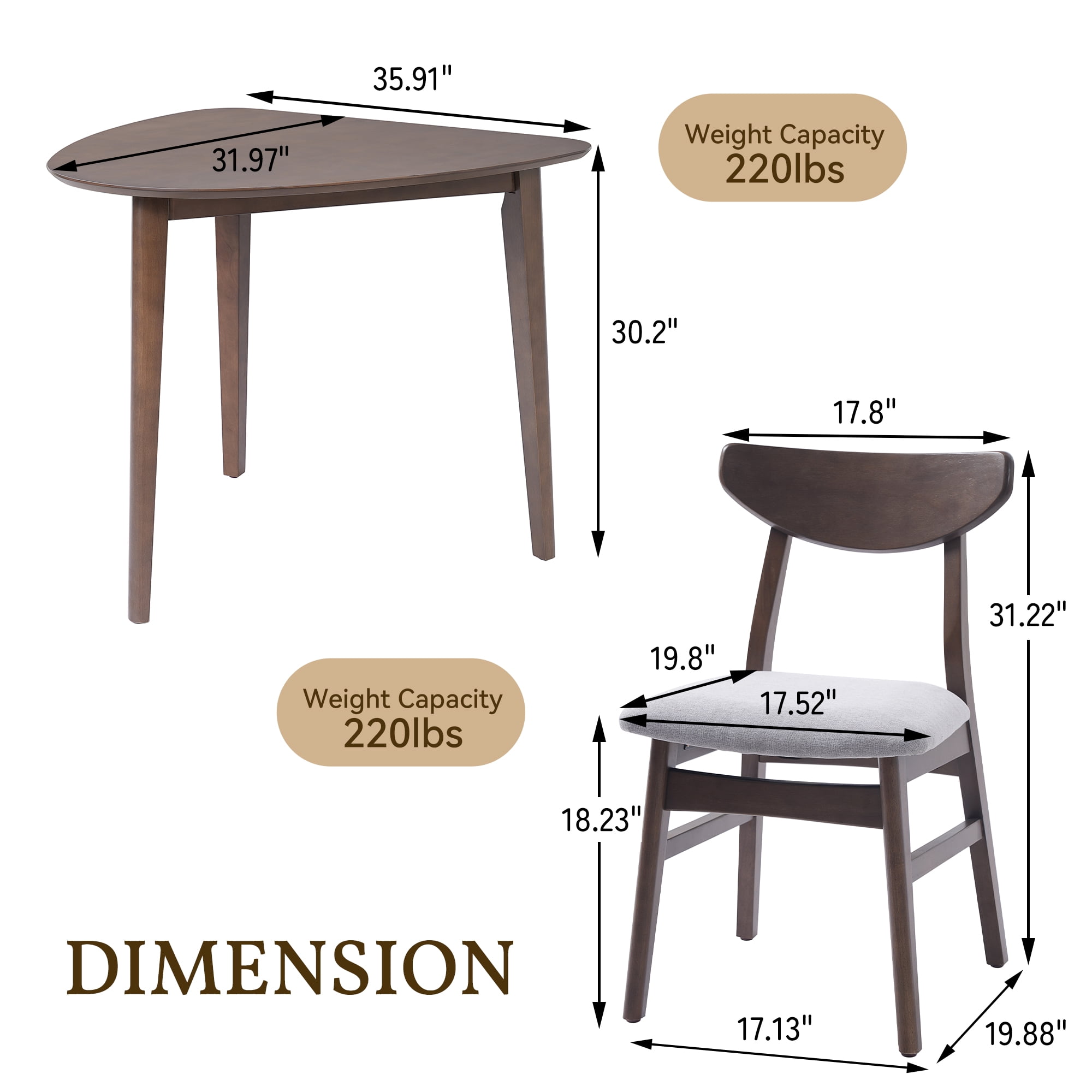 GARITIN 3-Piece Modern Table Set, Triangular Side Table & 2 Curved Wood Chairs, Minimalist Space-Saving Dining Set for Living Room Kitchen Small Space, Brown