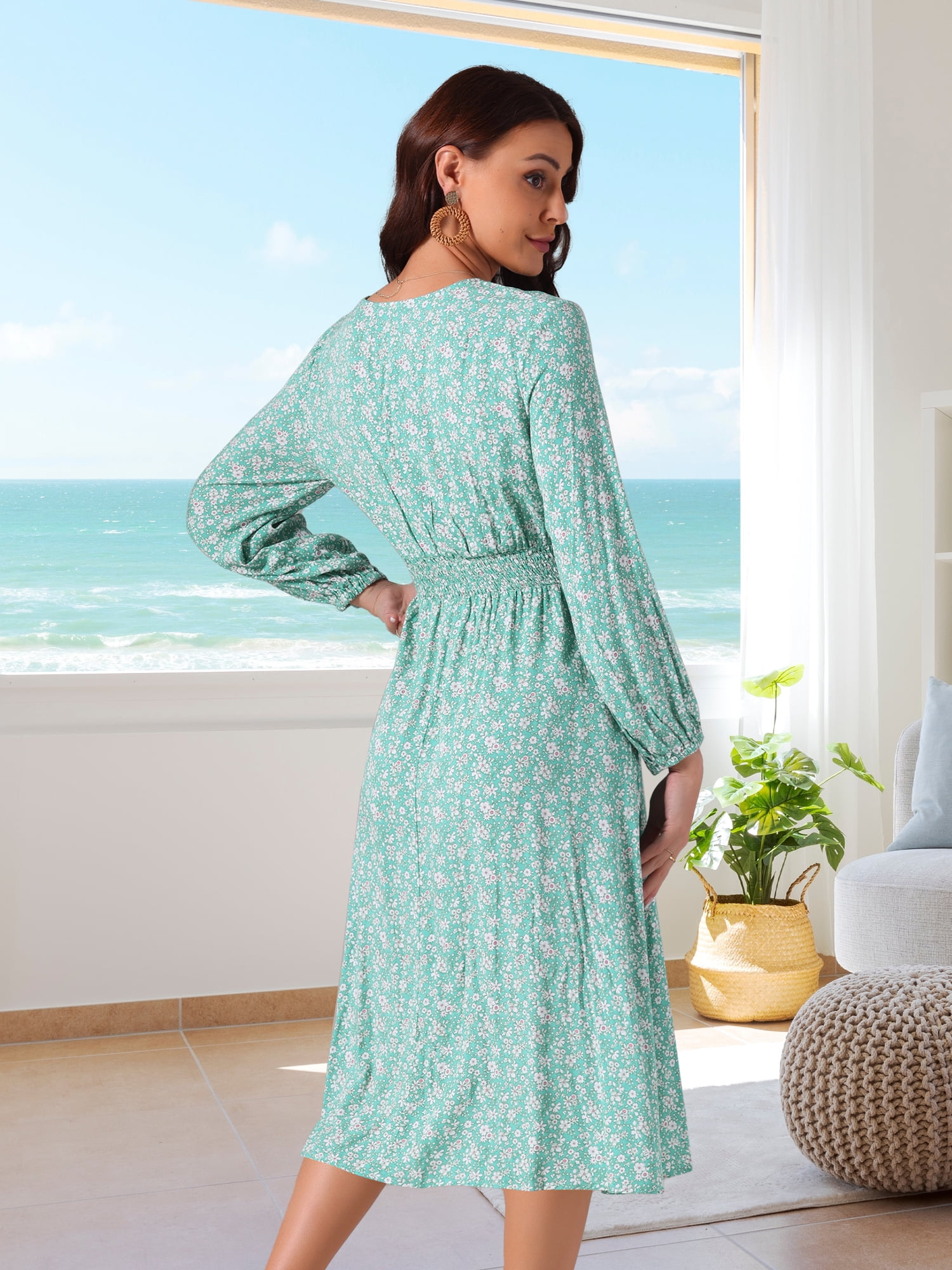DARING DIVA Fall Long Sleeve Midi Floral Boho Dress S Green