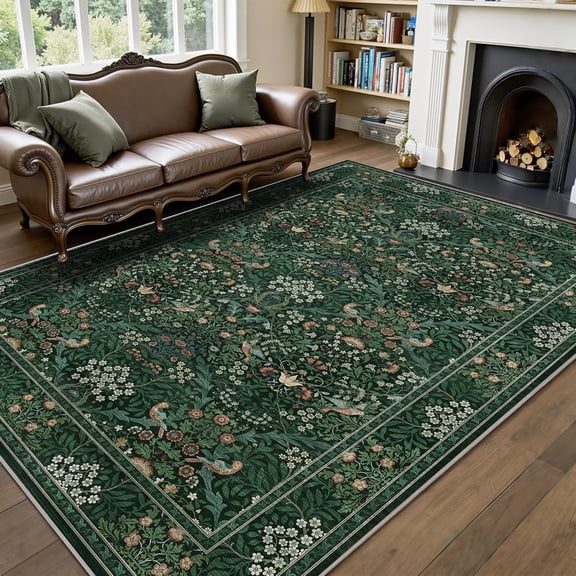 6x9 Floral Washable Area Rugs for Living Room, Vintage Boho Large Rug for Bedroom Dining Room， Distressed Botanical Birds Non Slip Low Pile Forest Throw Carpet for Farmhouse Office, Bright Green