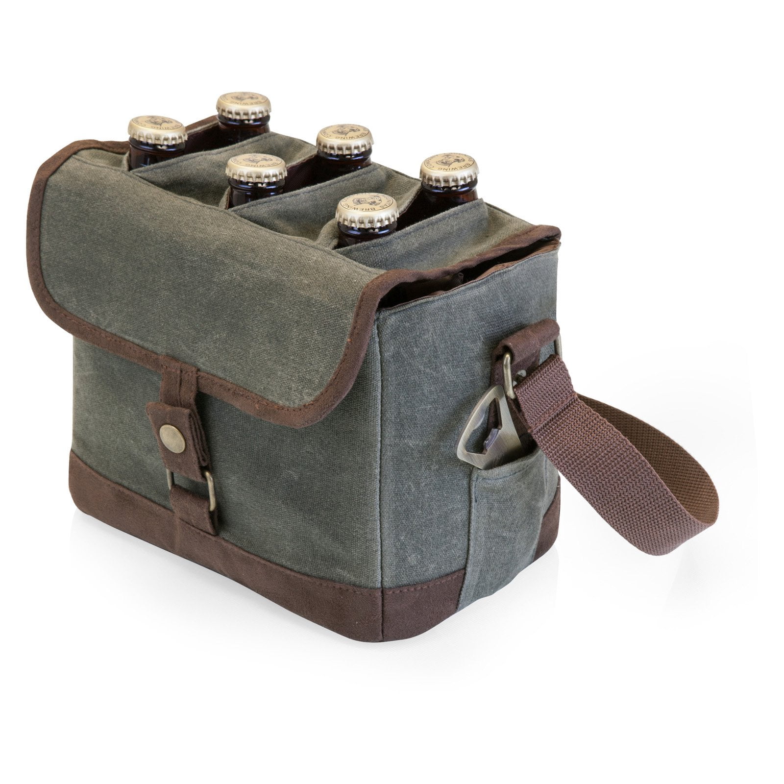 Legacy By Picnic Time Beer Caddy Cooler Tote with Bottle Opener, 6-Pack Beer Gift Bag, Khaki Green with Brown Accents