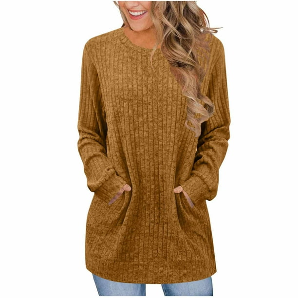Neewe Womens Classic Plain Long Sleeve Tops Fall Winter Pullover T Shirts Round Neck Casual Fashion Basic Sweatershirt with Pocket