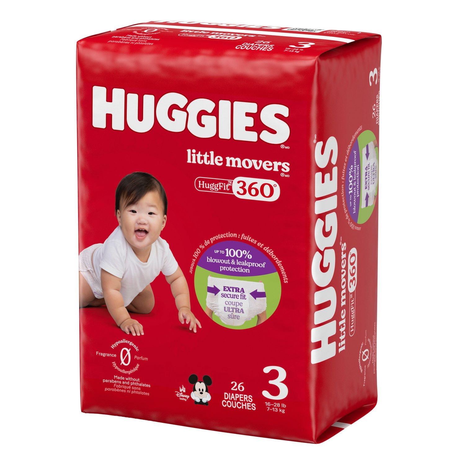 Huggies Little Movers HuggFit 360° Baby Diapers with 360° Waistband, Size 3 (16-28 lbs), 26 Count