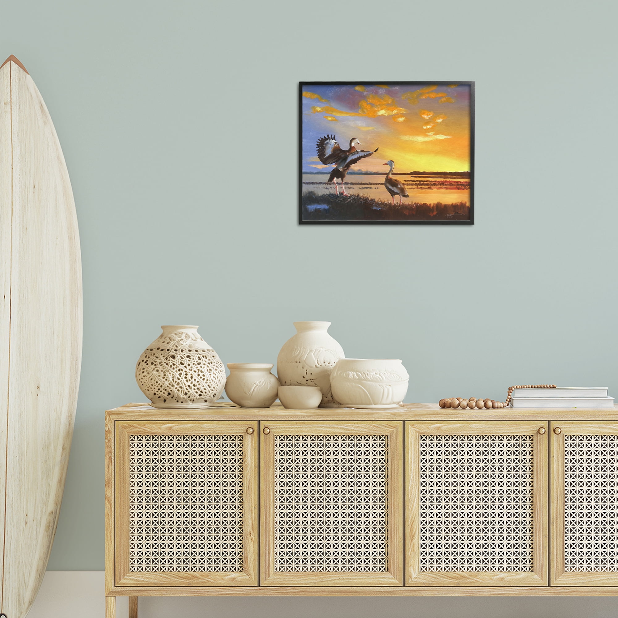 Stupell Industries Beach Birds at Sunset Animals & Insects Painting Black Framed Art Print Wall Art, 20 x 16