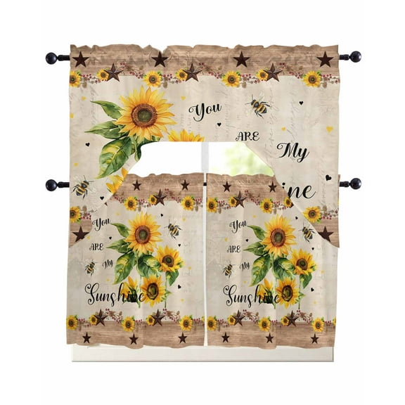 Sunflower Kitchen Curtains Swag Valance and Tier Curtains Set 24 Inch Length, Botanical Summer Farmhouse Country Texas Star Rod Pocket Drape Panels Pair Swag Curtain for Bathroom/Cafe/Window