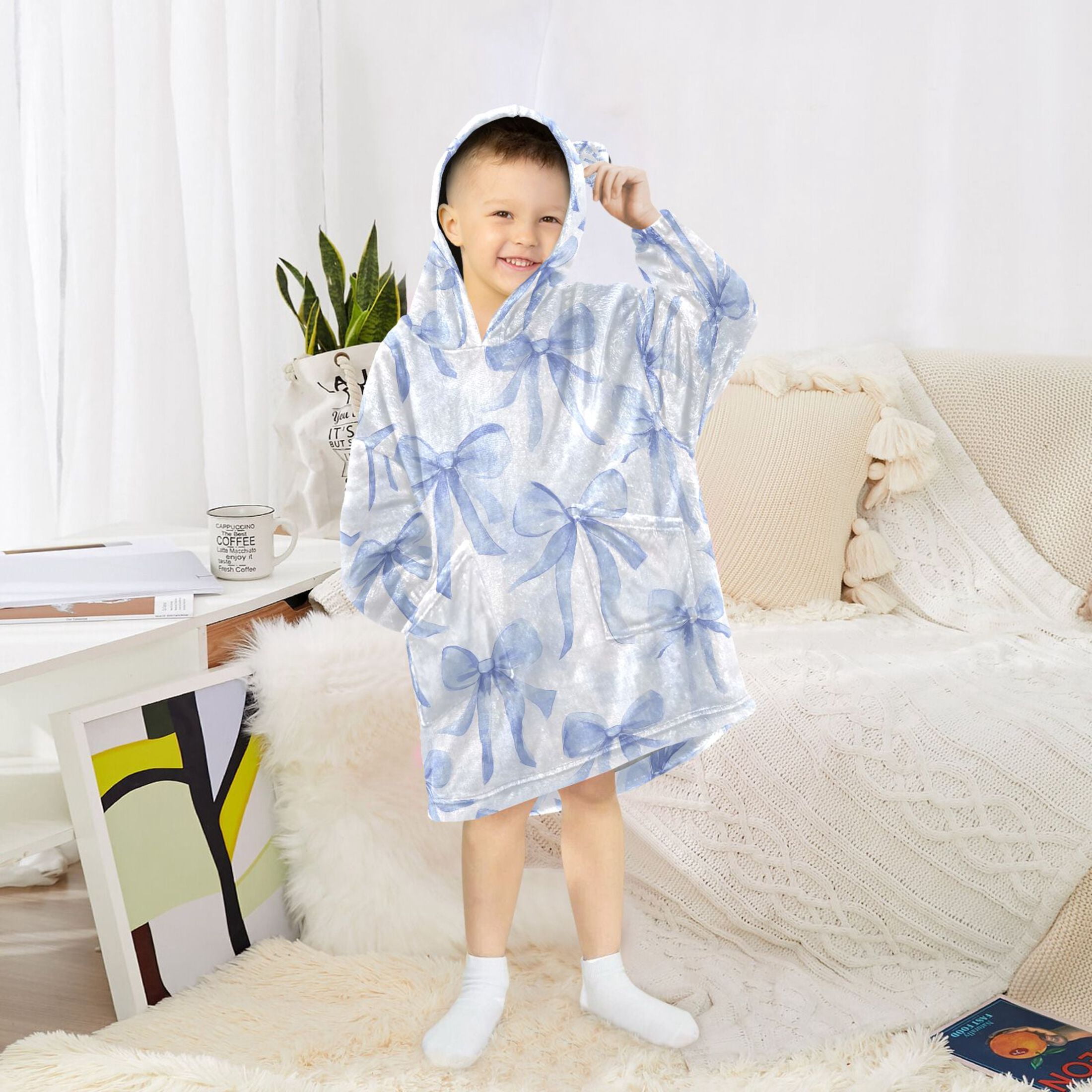 joogoo Wearable Blanket Hoodie for Watercolor Bow Blue Flannel Sherpa Pocket 3-14 YR S
