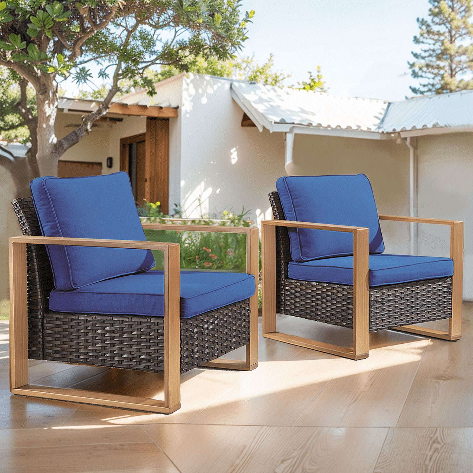 PARKWELL 2 Pack Brown Rattan Indoor-Outdoor Armchair w/Armrests,Padded Cushions Chairs for Patio, Deck, Garden, Yard - Blue