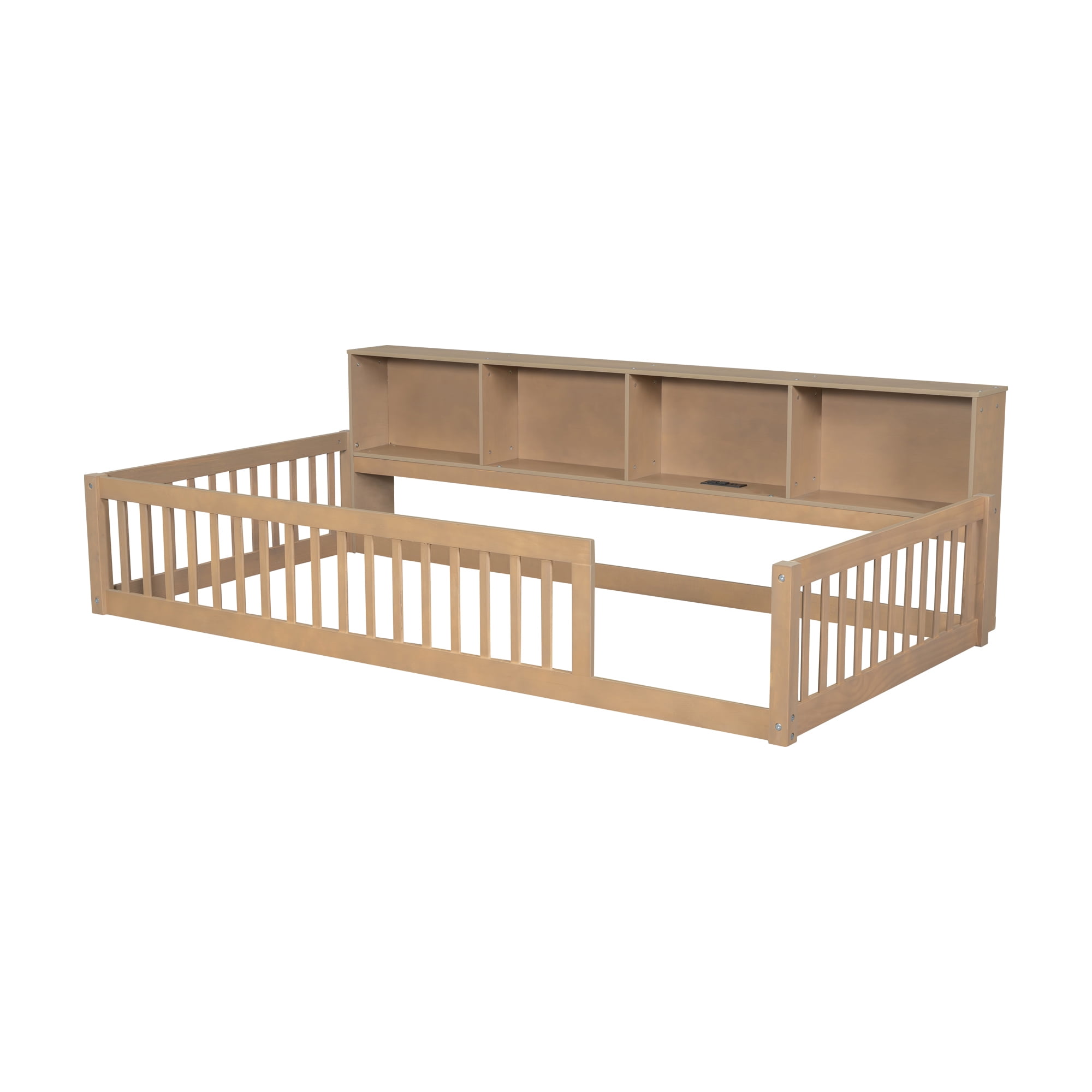 Euroco Wood Twin XL Platform Bed, Floor Bed with Storage and USB Ports, Brown