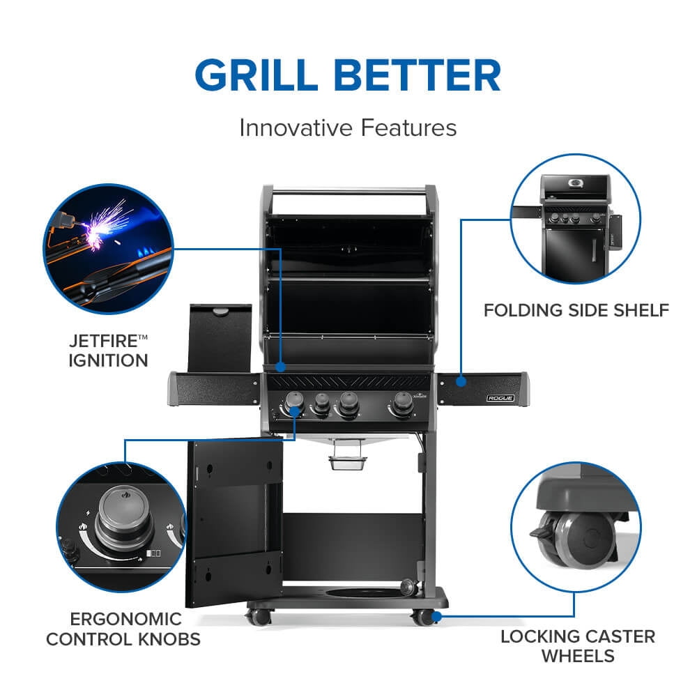 Napoleon Rogue 425 3-Burner Natural Gas Grill in Black with Cast Iron Cooking Grids and Range Side Burner