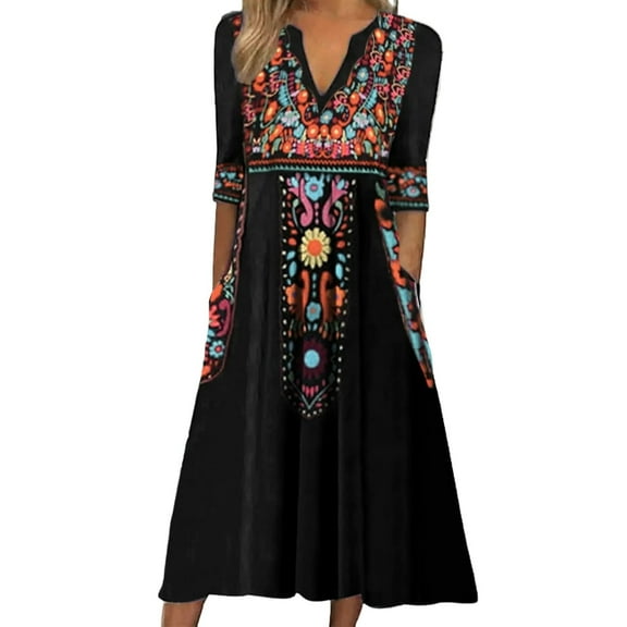 Icvfdpl Women'S Casual Dresses Print Half Sleeve Round Neck Pocket Loose Leisure Sundress Trendy Woman Outwear Black L