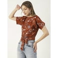 thumbnail image 3 of Moomaya Women Printed Crop Top, Front Knot Short Sleeves Round Neck Summer Top, 3 of 8