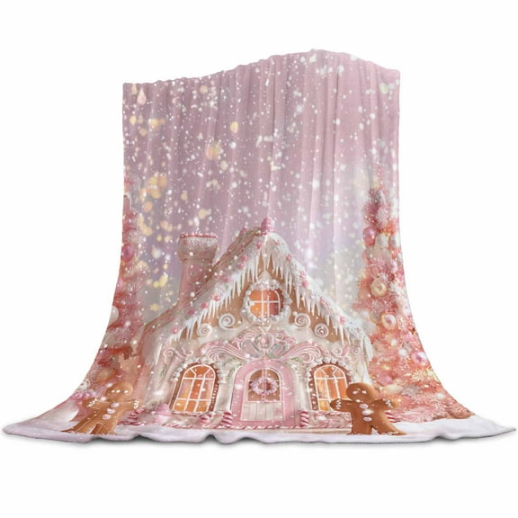 Christmas Tree Flannel Blanket for Bed,Travel and Camping, Pink Xmas Ginger Bread Man House Snowflake Fantasy Super Soft Cozy Blanket for All Seasons 32"x48"