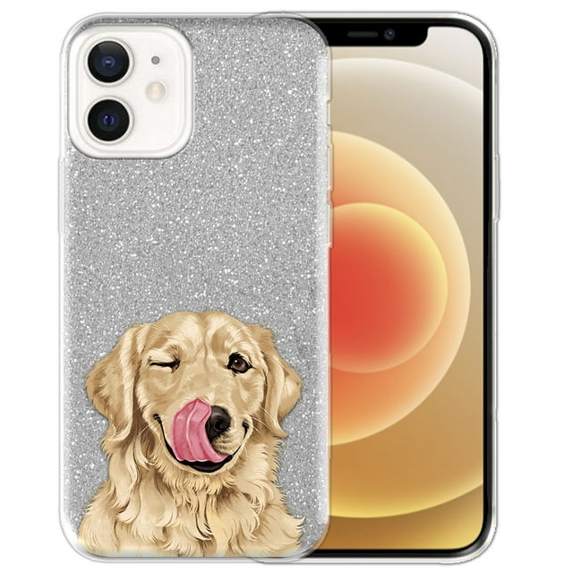FINCIBO Silver Sparkling Glitter Case, Sparkle Bling TPU Cover for Apple iPhone 12 / 12 Pro 6.1" 2020, Full Animal Winking Golden Retriever Dog