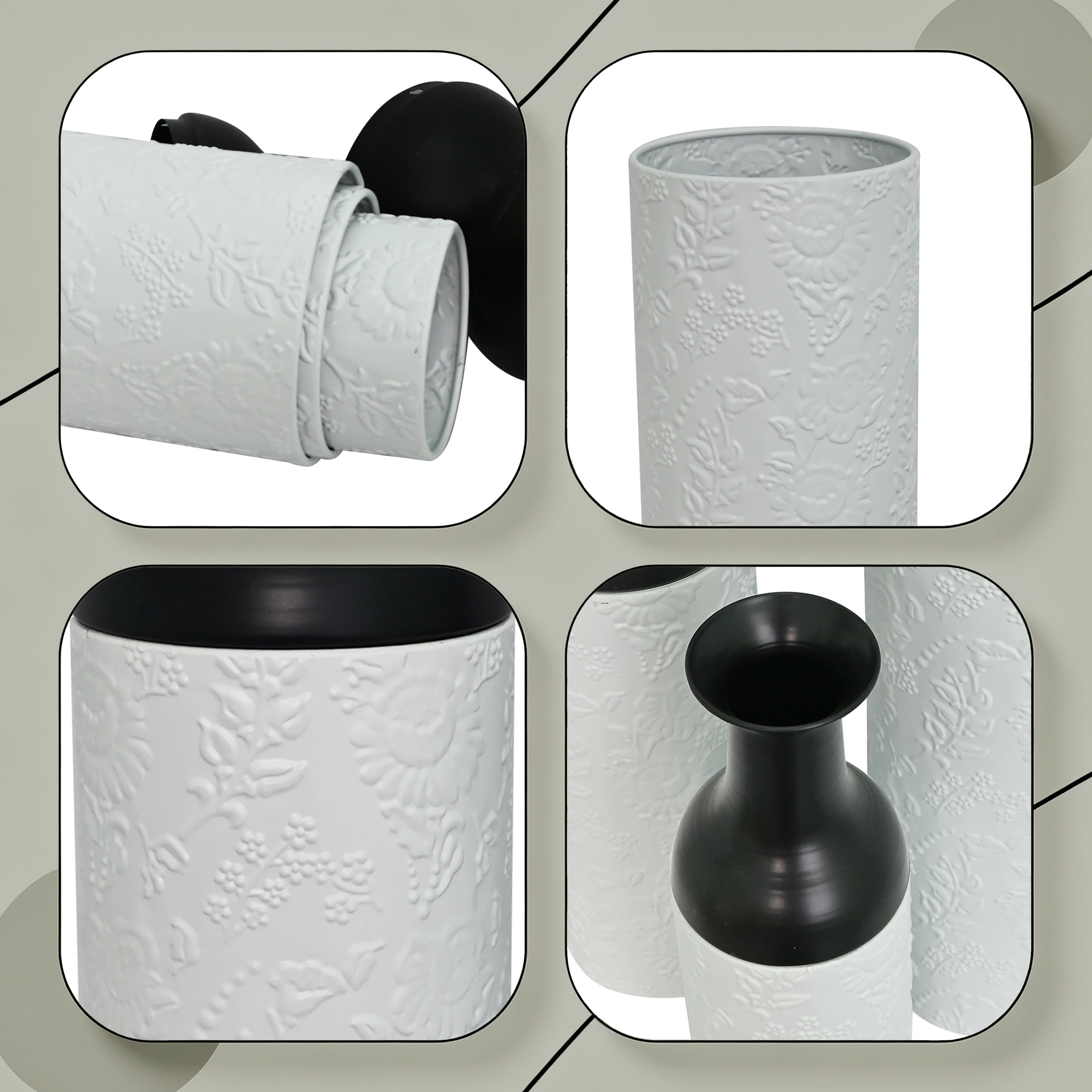 Metal Floor Vases Set of 3 with Leaf Pattern, Tall Decorative Vases and Home Decor Accents for Living Room Entryway, White and Black
