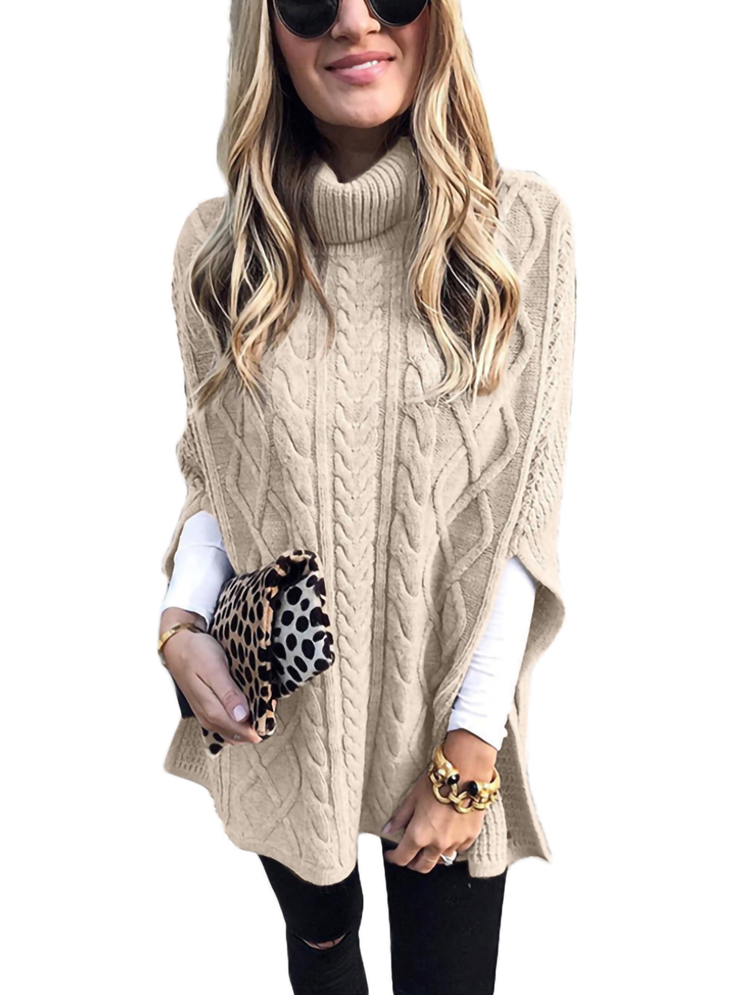 Lumento Womens Chic Turtleneck Cable Knit Shawl Sweater Casual Poncho ...