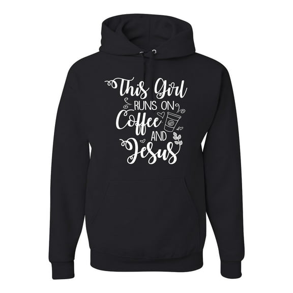 Wild Bobby This Girl Runs On Coffee And Jesus Inspirational/Christian Unisex Graphic Hoodie Sweatshirt, Black, Small