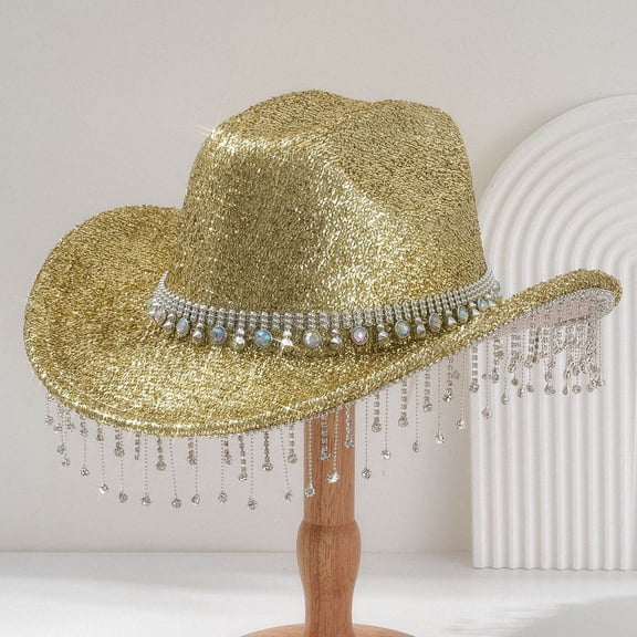 HNMKIU Stylish Western Cowboy Hat with Sparkling Gemstones and Decorative Fringes for Music Festivals and Outdoor Events GD2,One Size